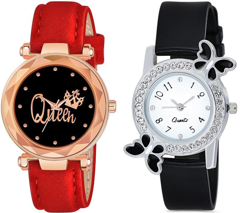 Analog Watch - For Girls New Stylish Combo Of Queen Printed Dial Red Watch & Black Butterfly