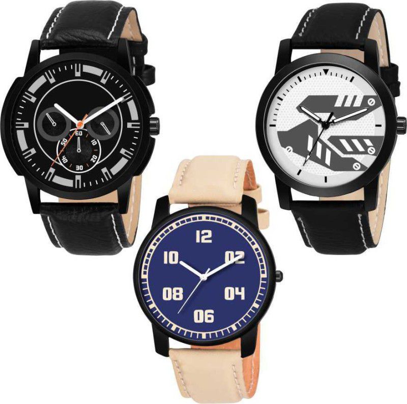 Analog Watch - For Men MULTI DESIGNER DIAL BLACK LATRHER CHAIN LATHER BELT UNIQUE DIAL DESIGNER WRIST WATCH MEN & GIRLS NEW ARRIVAL FAST SELLING TRACK DESIGNER ROYAL LOOK WATCH FOR FESTIVAL _PARTY_PROFESSIONAL WEAR COMBO WATCH