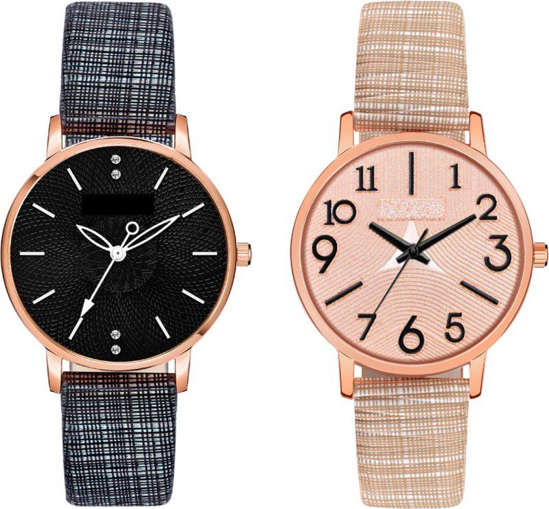 New Stylish Ethnic Flower Design And Numeric Letter Dial With Genuine Leather Strap Pack Of 2 Analog Watch - For Girls MT349312