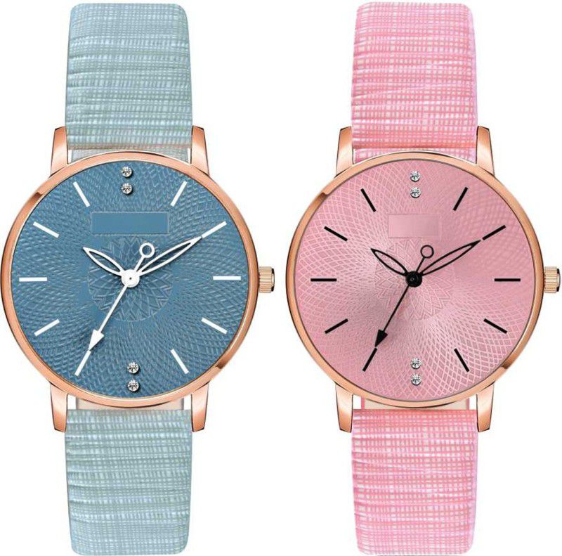 Stylish Round Dial And Leather Belt Watch For Girls And Women Analog Watch - For Girls Pink-Blue