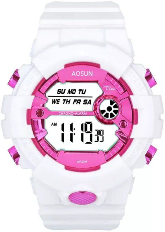 DIGITAL SPORTS WATCHES FOR GIRLS WHITE STRAPPED WACTH WITH PINK DIAL SHOWING DATE&TIME ALARM WATCH Digital Watch - For Girls NMU0074