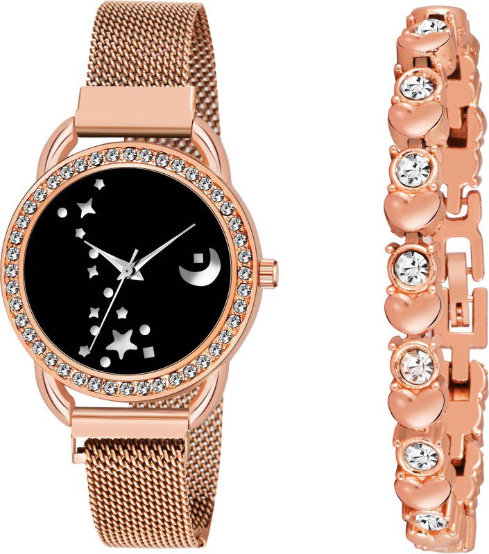 Analog Watch - For Women Analogue New Casual Magnet Idaka Chand Black Dial Rose Gold Watch & Copper Breacelet For Woman & Girls