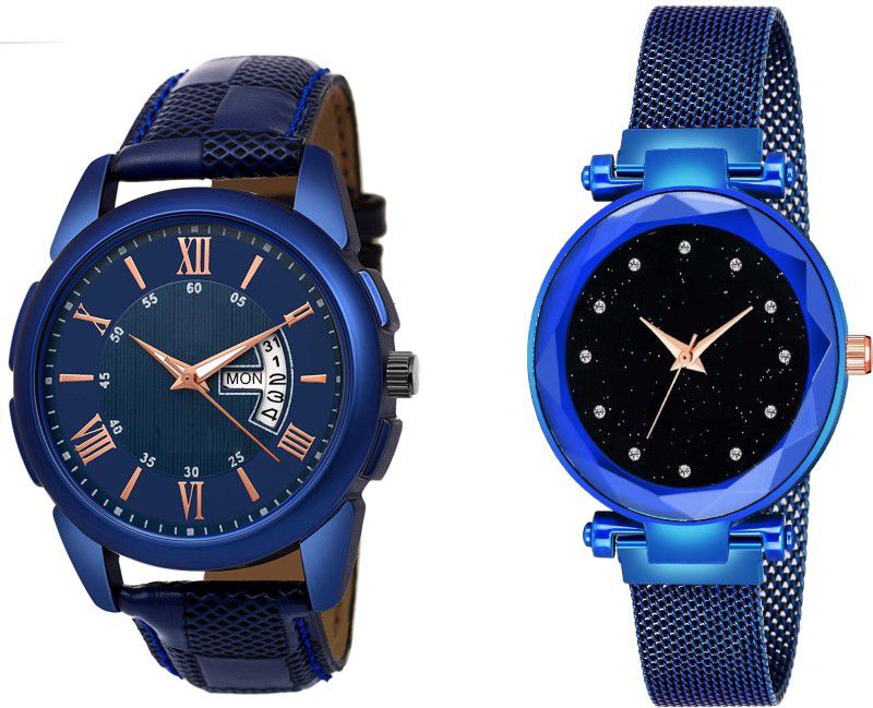 Analog Watch - For Men & Women Blue Dial Day Date Display and Blue Luxury Mesh Magnet Buckle Starry With MAGNETIC METAL STRAP Analog Watch - For Couple