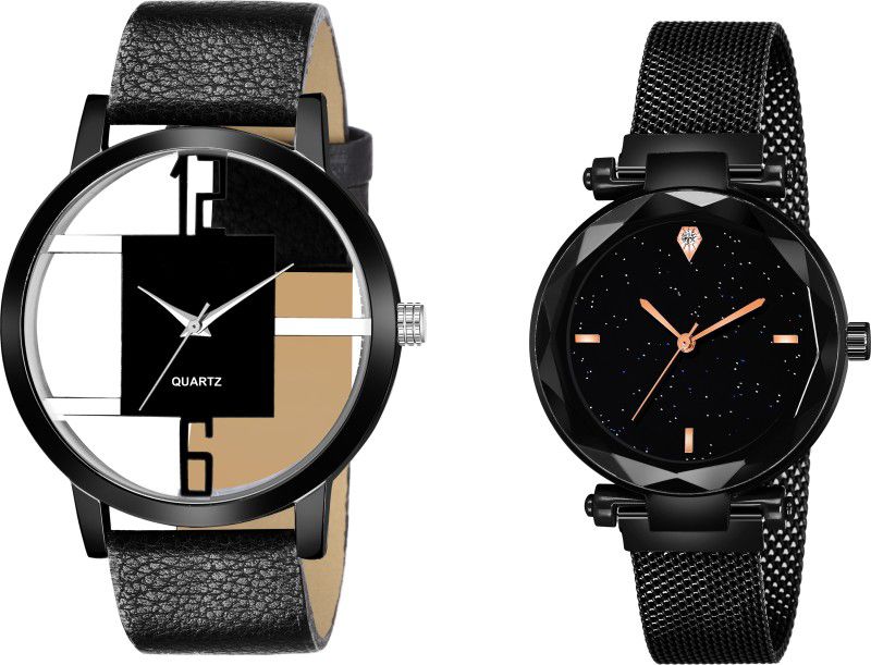 New Fashion Analog Watch - For Couple Luxury Mesh Magnet Buckle Starry sky Quartz Watches Couple Fashion Mysterious 6 To 12 Black Open leather & 4 figar Black Watch