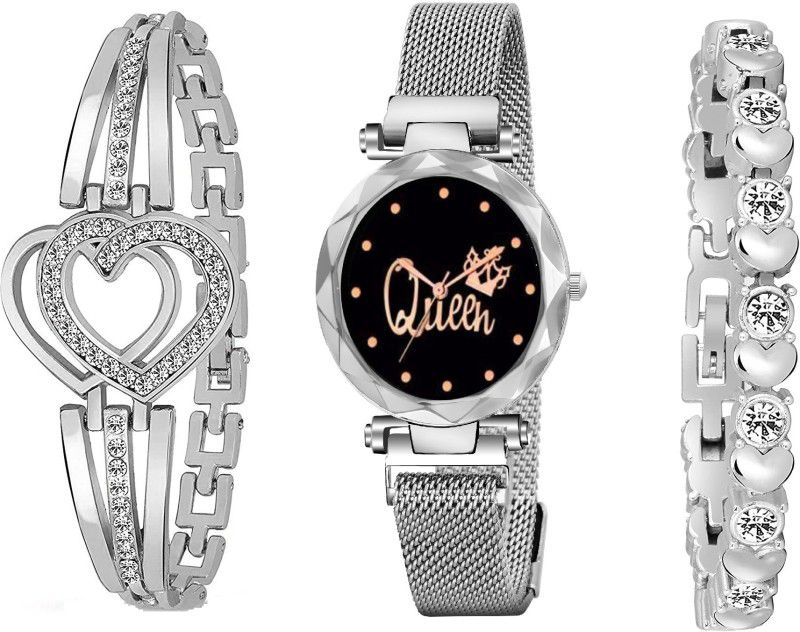Analog Watch - For Girls Silver Queen Dial With Magnetic Metal Strep Analog Watch and Stylish Lady Bracelet Combo For Girls and Women Analog Watch (Combo of 3 ) Analog Watch - For Girls