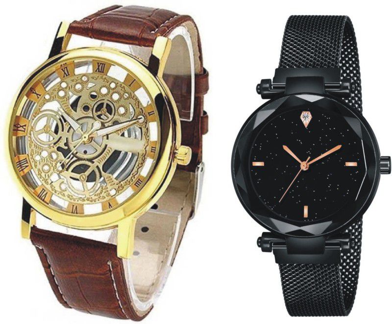 Analog Watch - For Men & Women Luxury Transparent Glass Gold Dial with mesh magnet straps attractive watch