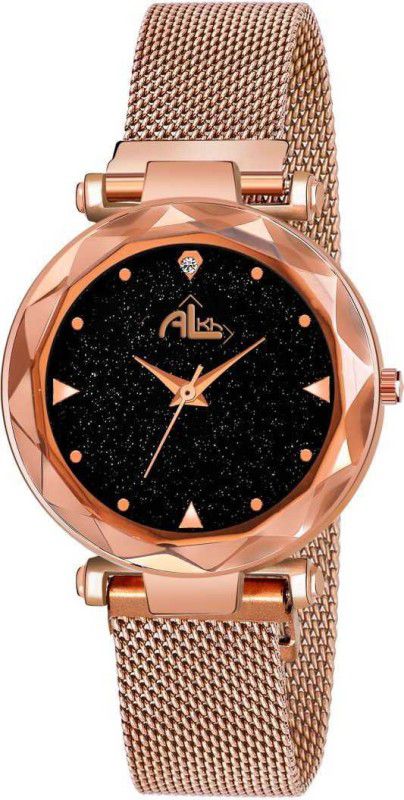 Analog Watch - For Women Luxury Gold Mesh Magnetic Belt Diamond Studded Black Dial Analog watch