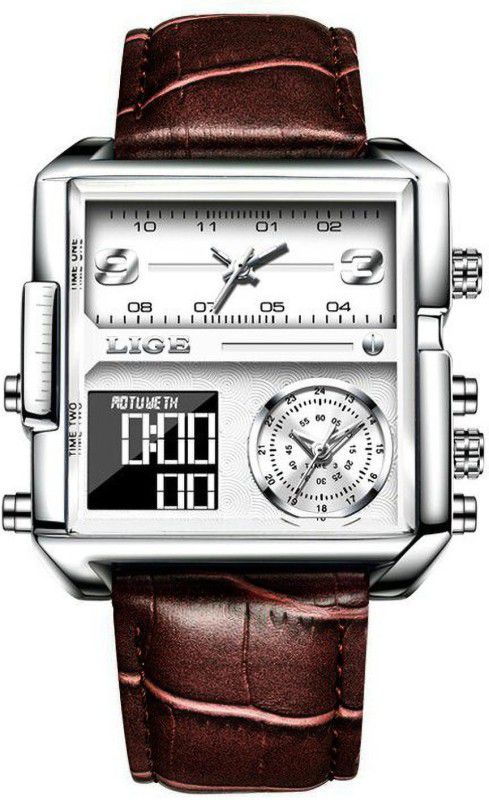 LIGE Silver Dial Dual Time Chronograph Luxury Sports Analog-Digital Watch - For Men 8925-BROWN