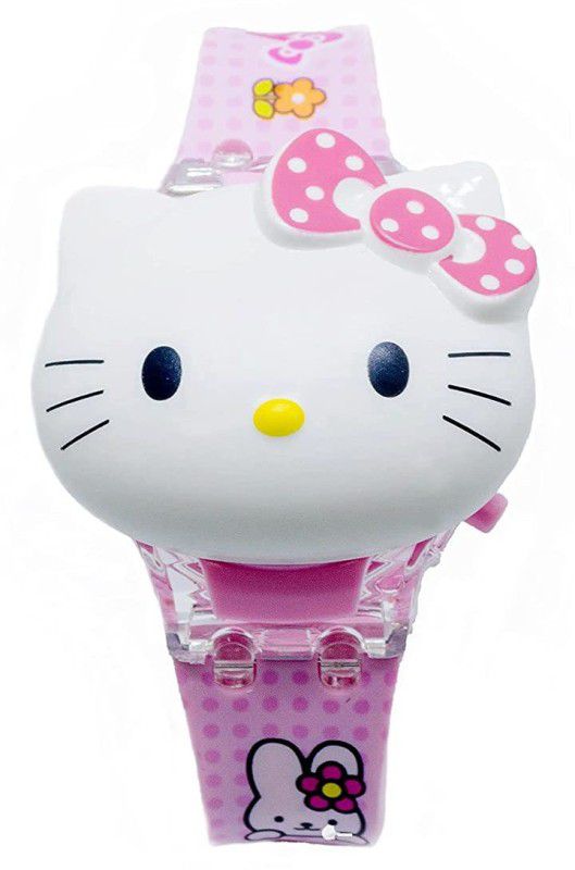 Digital Watch - For Boys & Girls Hello Kitty Face Based Toy Design Digital Glowing Watch with Disco Music and Blinking Lights