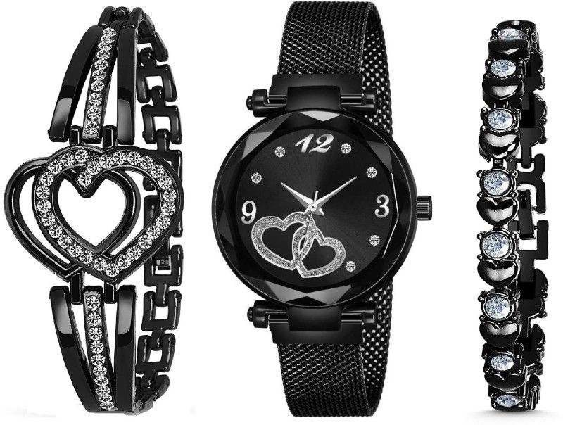 Analog Watch - For Girls Black Heart Dial With Magnetic Metal Strep Analog Watch and Stylish Lady Bracelet Combo For Girls and Women Analog Watch (Combo of 3 ) Analog Watch - For Girls