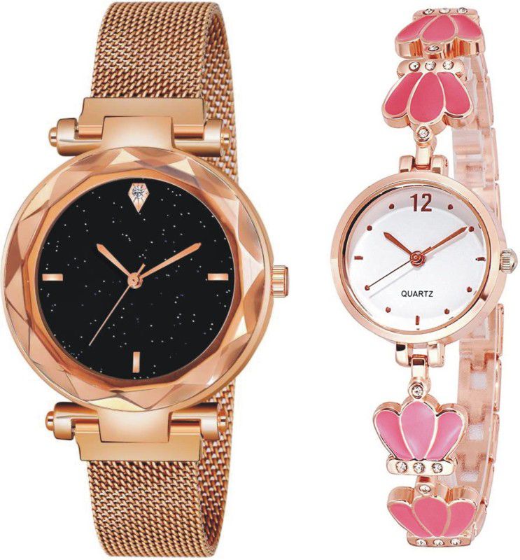 Analog Watch - For Girls Unique Flower Design bracelet watch and mesh magnet straps lock with diamond glass design watch