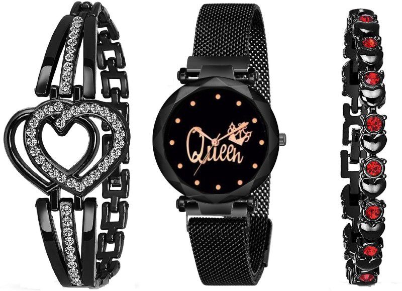 Analog Watch - For Girls Black Queen Dial With Magnetic Metal Strep Analog Watch and Stylish Lady 2 Bracelet Combo For Girls and Women Analog Watch (Combo of 3 ) Analog Watch - For Girls