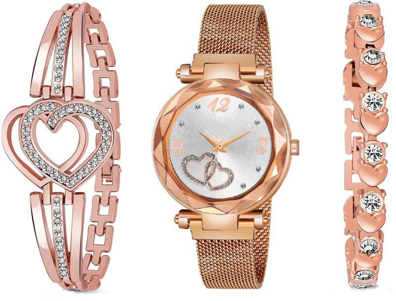 Analog Watch - For Girls Rose Gold Heart Dial With Magnetic Metal Strep Analog Watch and Stylish Lady Bracelet Combo For Girls and Women Analog Watch (Combo of 3 ) Analog Watch - For Girls
