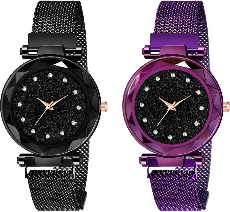 Analog Watch - For Girls Luxury New Designer Combo Couple Watches Purple And Black Combo Luxury Mesh Magnet Buckle Watches For girls Fashion Mysterious Lady Analog Watch Analog Watch - For Girls