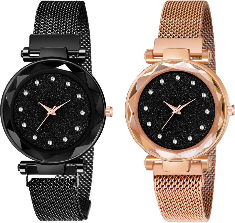 Analog Watch - For Girls zinxy new designer Combo Couple watches Black and Gold combo Luxury Mesh Magnet Buckle Watches For girls Fashion Mysterious Lady