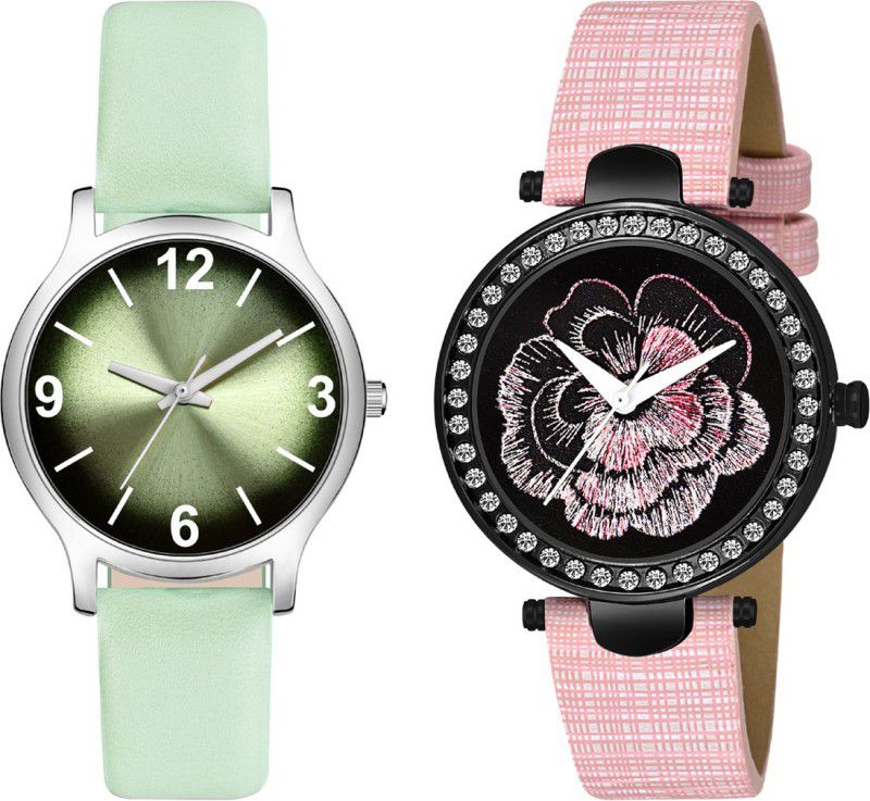 New Combo Attractive Flower And Shade-color Design Dial & Genuine Leather Strap Analog Watch - For Girls
