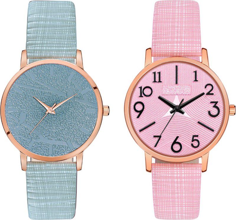 New Stylish Numeric Letter And Sparrow Design Dial With Genuine Leather Strap Pack Of 2 Analog Watch - For Girls MT348330