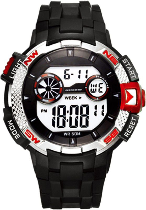 Metal Compass Style & Pattern Strap Design Chrono Alarm Digital Watch - For Men DR315G2-BlackRed