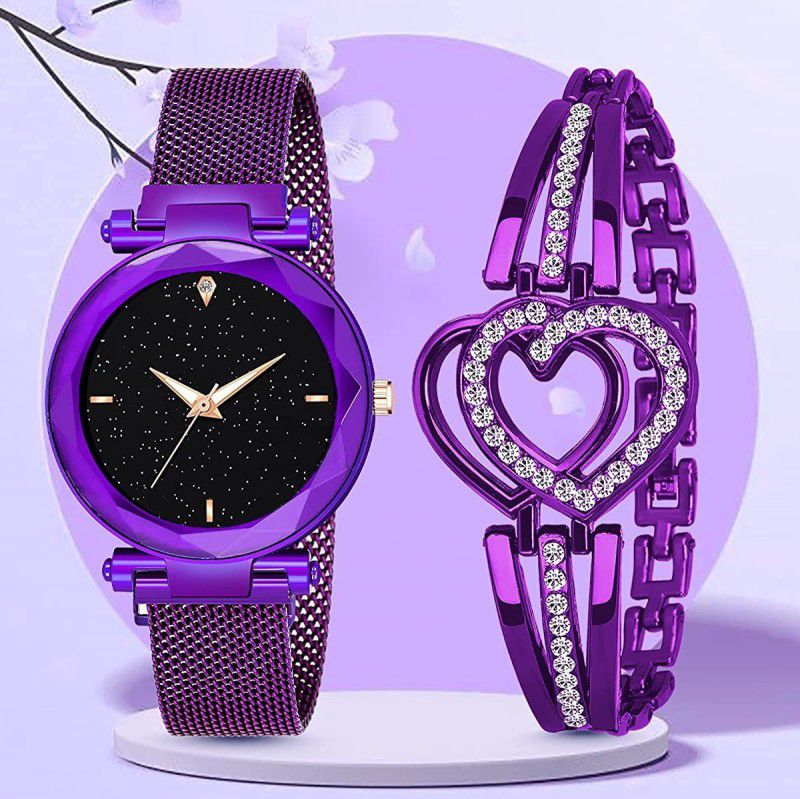 Analog Watch - For Girls Latest Magntic Strap 4 Diamond Purple Watch With HartShap Purple Bracelet Combo