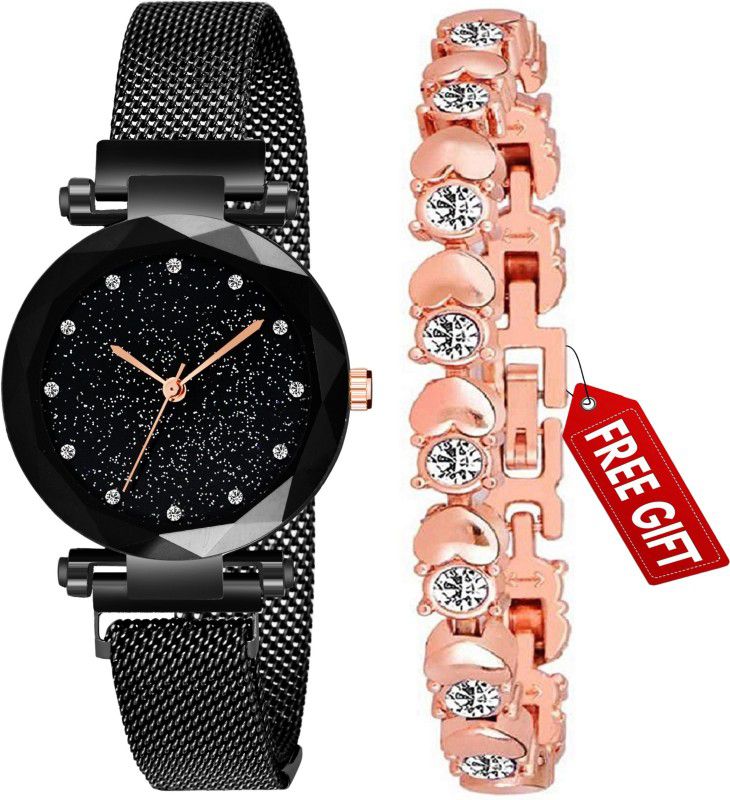 Women Pack of Watch and Bracelet Analog Watch - For Women Analog Black Dial Magnetic Belt With Rosegold Bracelet for