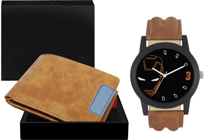 Combo Of Beige Color Artificial Leather Wallet & Analog Watch - For Men WL11-LR04