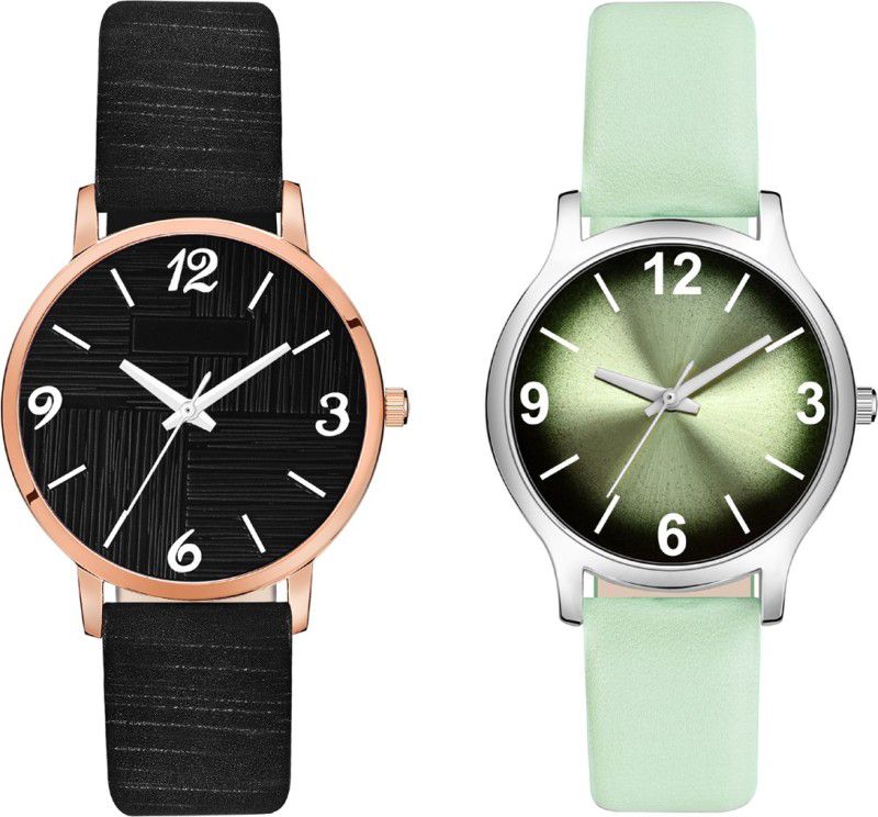 Unique Graphic Design Dial And Genuine Leather Strap Pack Of 2 Analog Watch - For Girls