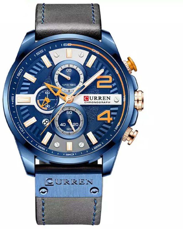 8393 Luxury Sport Chronograph Leather Watch Mens Fashion Quartz Watch -Blue Analog Watch - For Men CR-8393-Blue