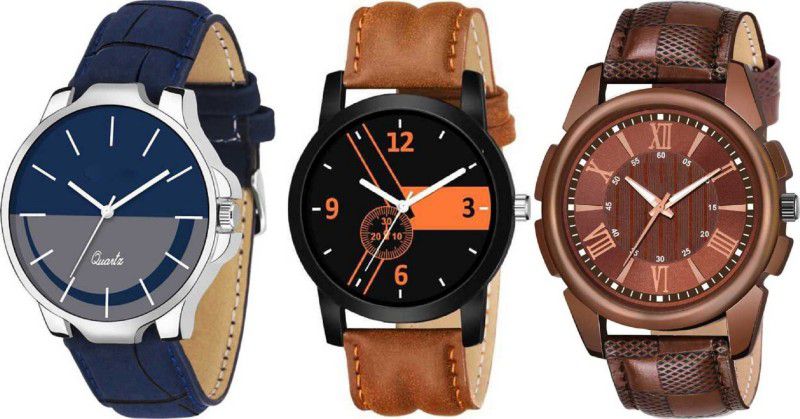 Analog Watch - For Boys New Stylish Leather Blue And Brown Color And Dial Blue, Gray, Black And Brown Color Combo watch (Casual+Party-wear+Formal) Designer For Boys And Men's Analog Watch - For Boys
