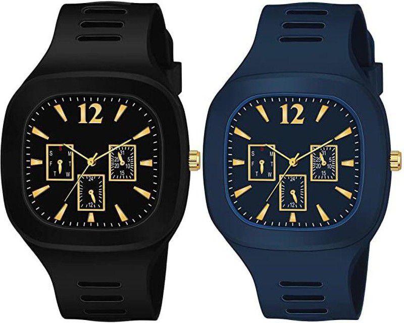 Full Black Blue Silicon Rubber Strap Stylish Party wear Combo Gift hand watches Analog Watch - For Boys pack of 2 Blue, Black