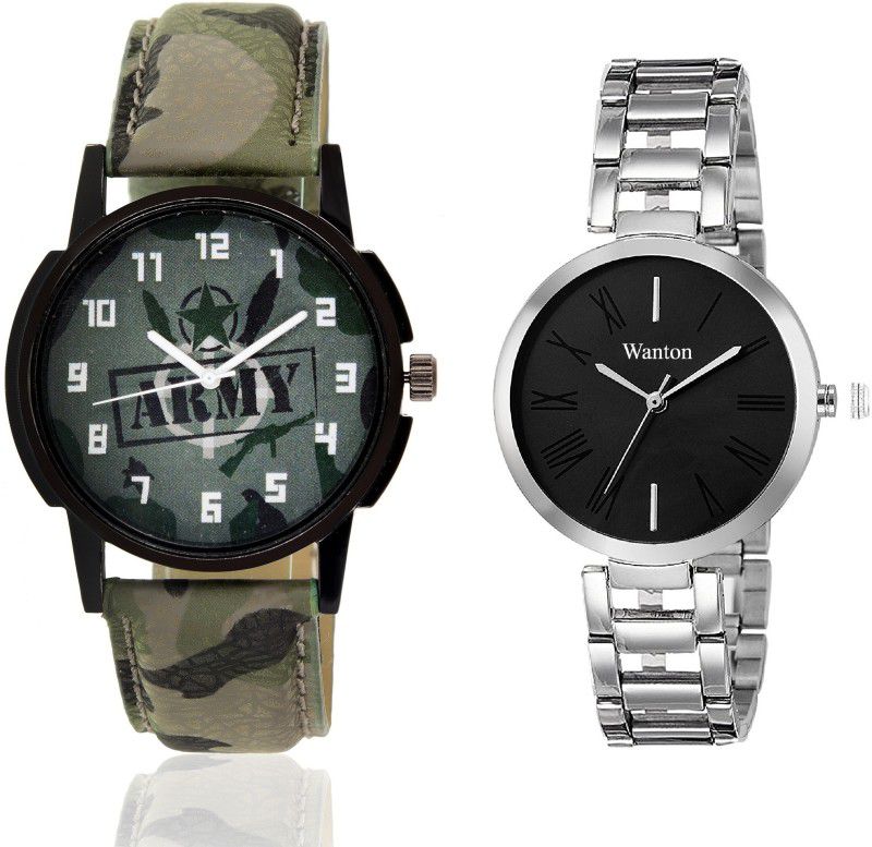 Exclusive collection watches Analog Watch - For Boys & Girls black steel strap profesional and stylish attractive dial watch with green army militiry pattern stylish watch combo couple watch