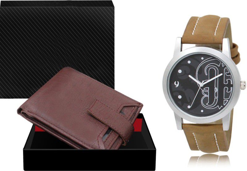 Combo Of Maroon Color Artificial Leather Wallet & Analog Watch - For Men WL09-LR14
