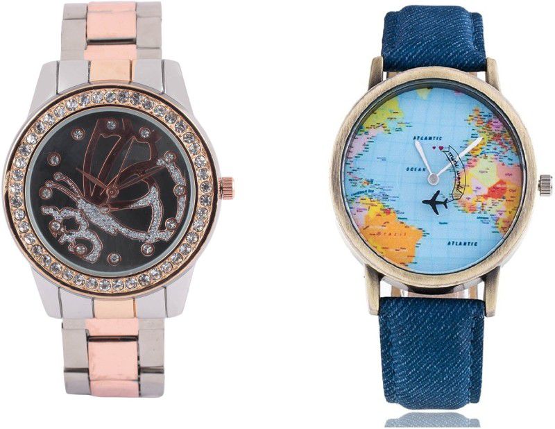 LADIES DIAMOND STUDDED PARTY WEAR Analog Watch - For Couple WORLD MAP & TWO TONE STYLES STRAP PRINTED DIAL