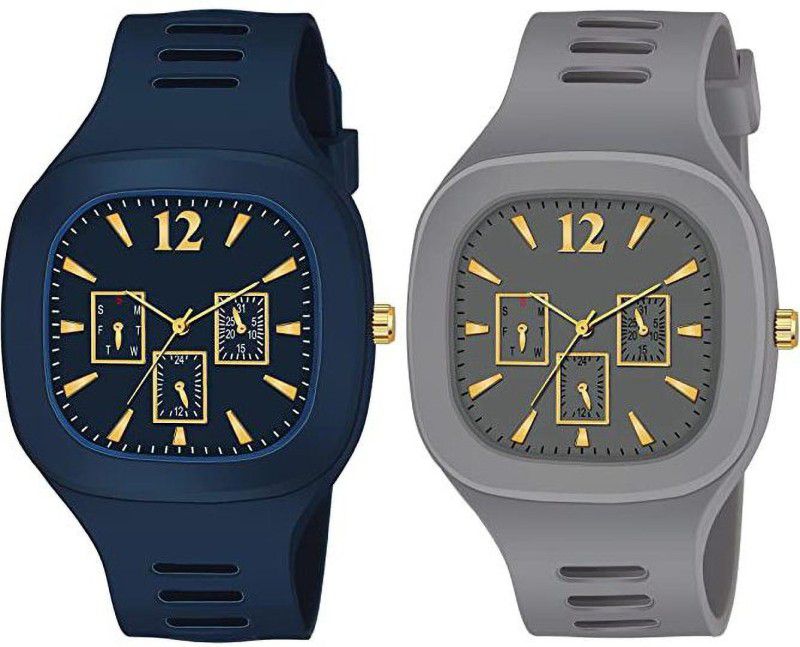 Full Navy blue & Grey Silicon Rubber Strap Stylish Party wear Combo Gift watches Analog Watch - For Boys pack of 2 grey & Blue