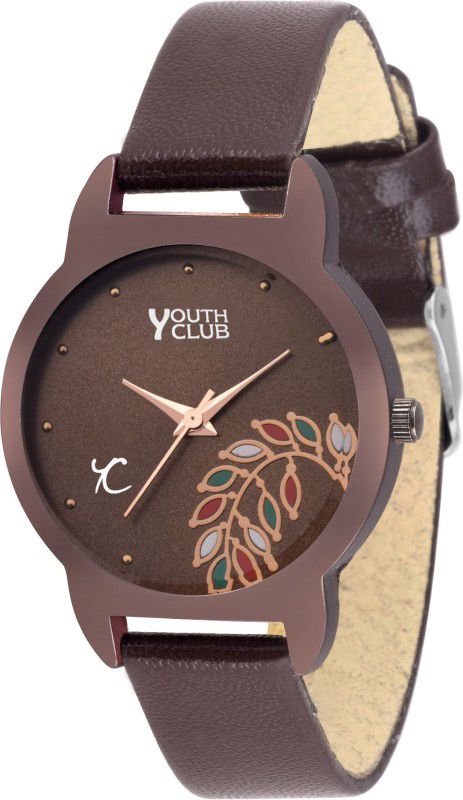 YOUTH CLUB Attractive Simple Flower Designer Looks Brown Colour Analog Watch For Girls And Women with Brown Leather Strap and Round Dial Beautiful Analog Watch For Women and Girls Analog Watch - For Women Brownish Floral
