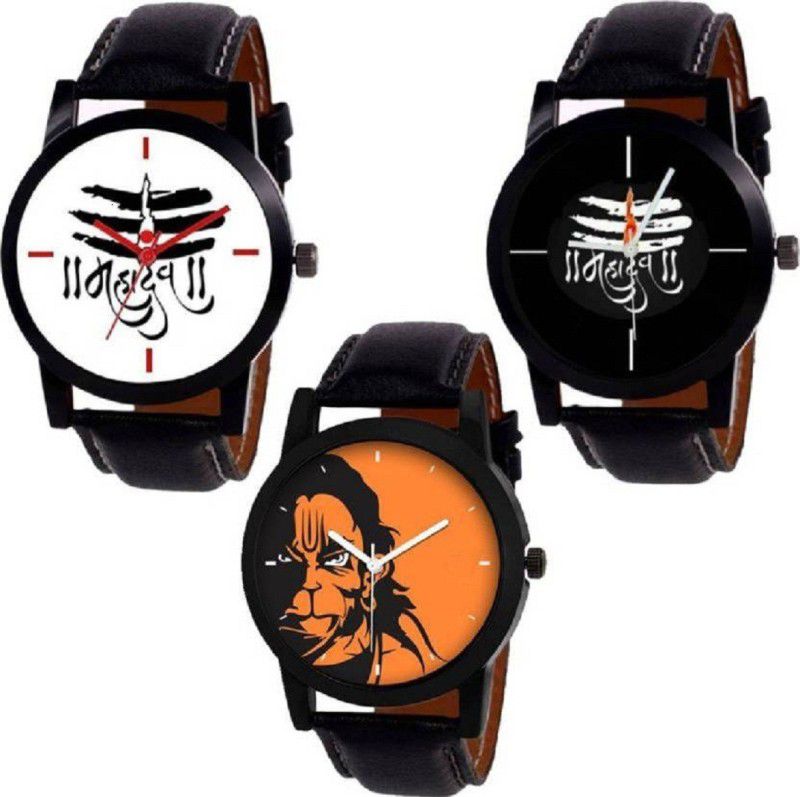 Analog Watch - For Men Printed Dial Casual Black Leather Belt set of 3 