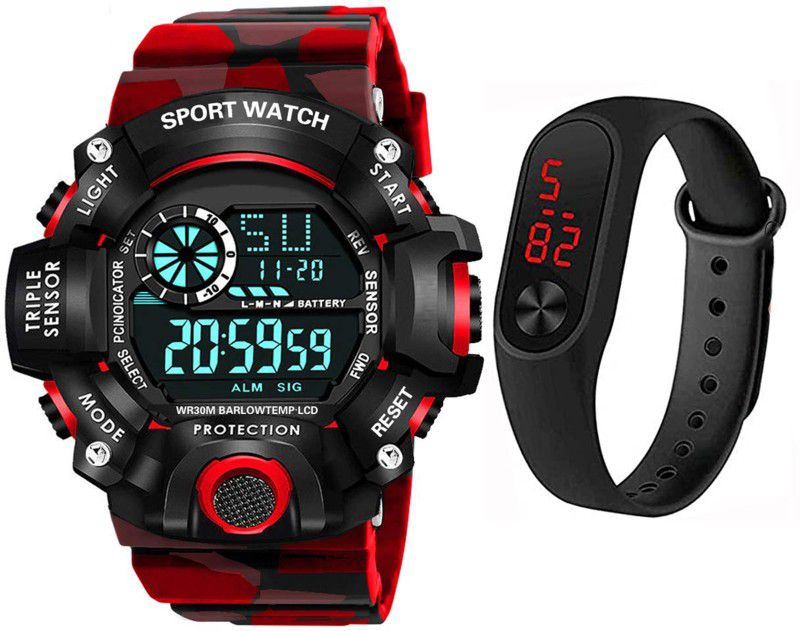 Red Strap Digital Sports Watch for Men's Kids Watch For Men Pack of 2 Digital Watch - For Men Digital Watch With Led Shockproof Multi-Functional Automatic