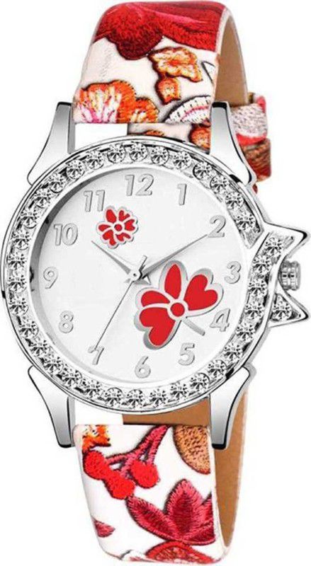 Analog Watch - For Women New Stylish Red Flower Print Dial Pink Flower Design Leather Belt Watch For Girls & Women Analog Watch - For Girls