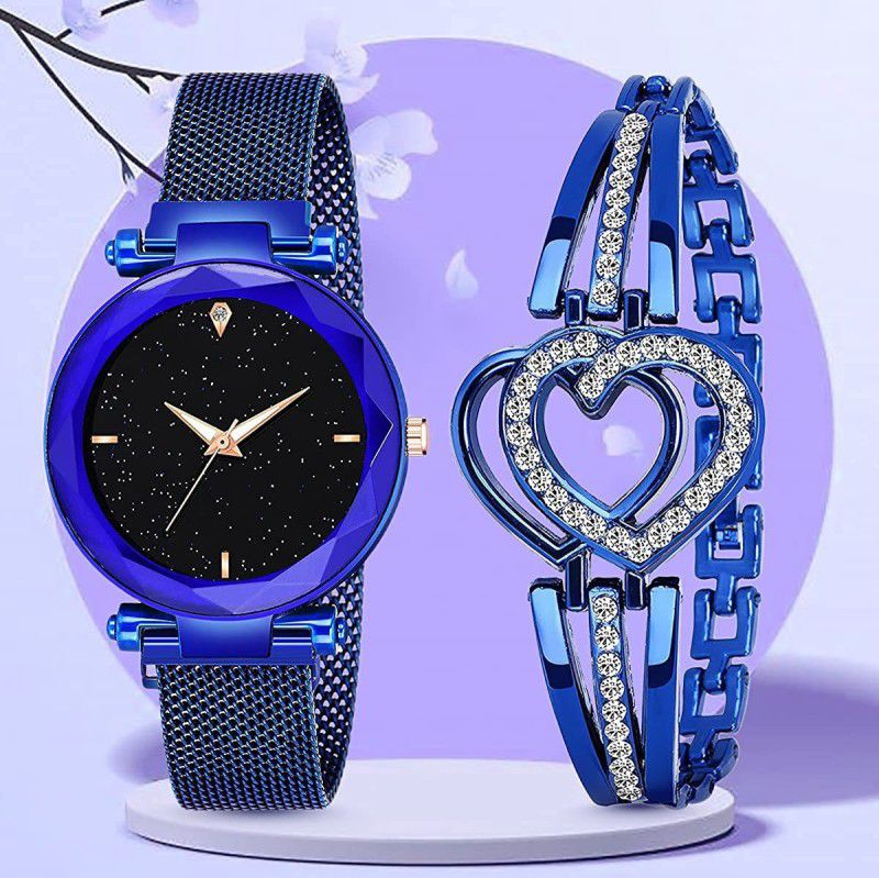 Analog Watch - For Girls Latest Magntic Strap 4 Diamond Blue Watch With HartShap Blue Bracelet Combo
