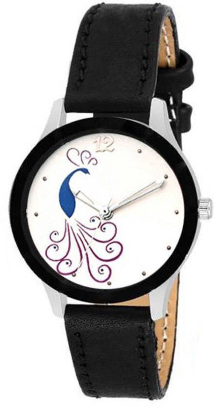 Analog Watch - For Girls New upcoming fashionable peacock dail black genuine leather belt watch for women