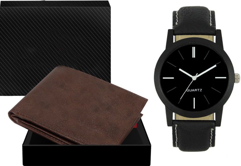 Combo Of Brown Color Artificial Leather Wallet & Analog Watch - For Men WL12-LR05