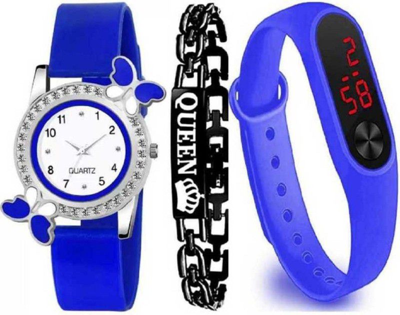 Analog-Digital Watch - For Boys & Girls New Generation Black Bracelet And Watches Combo For Girls & Women Beautiful Butterfly Diamond Studded Blue Band Led Digital M2 Pack Of 3 Combination Watch