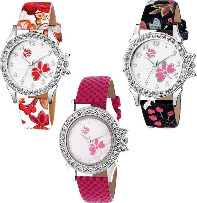Analog Watch - For Women NEW STYLISH VELVET LEATHER STRAP - FLOWER PRINT DIAMOND DIAL SET OF 3 WATCH FOR GIRLS Watch - For Women