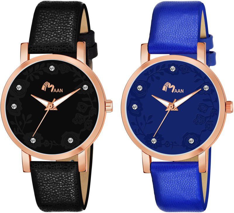 Analog Watch - For Girls RD201-New Stylish Designer Black And Blue Lather Belt Woman