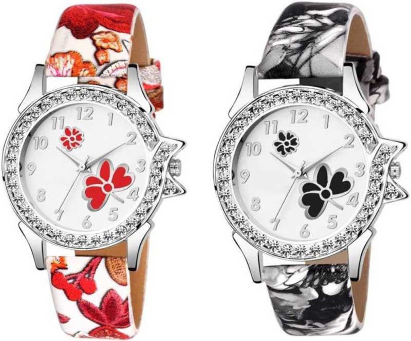 Analog Watch - For Women New Arrival FANCY PRINT DIAL- FLOWER LEATHER PRINT STRAP SET OF 2 WOMEN Analog Watch