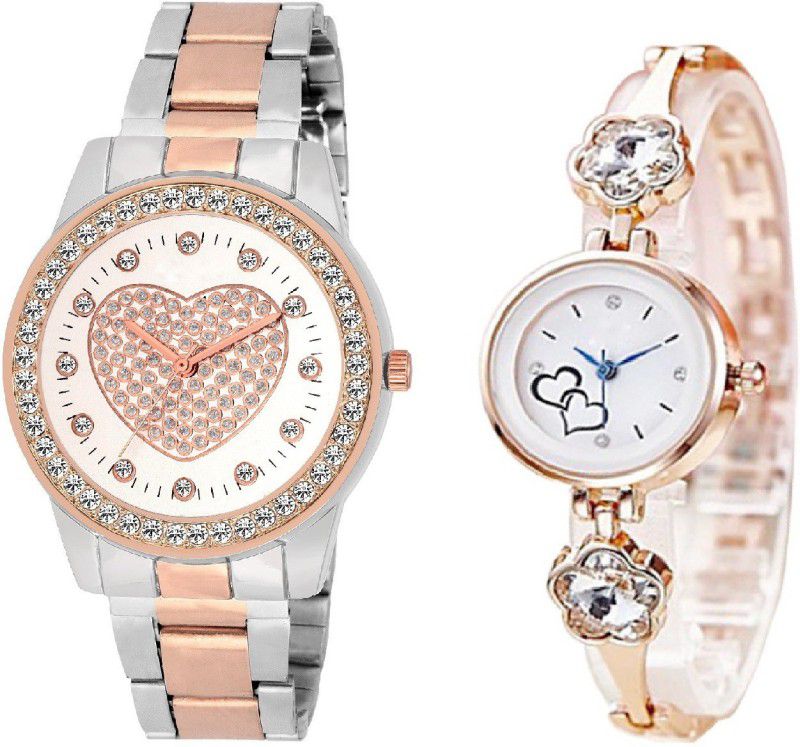 Dual Tone White Iconic Heart(DildaMamla) Design Diamond Studded Dial Ladies & Women Analog Watch - For Women g-8011 Jasmine Silver Blossom Designer White Dial Rosegold Strap Watch With