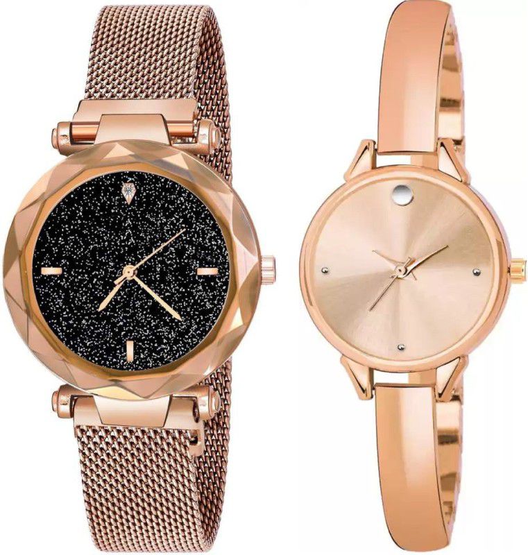Analog Watch - For Girls Luxury Mesh Magnet Buckle Starry sky Quartz Watches For girls Fashion Mysterious Black Lady Analog Chain Belt Bracelate Watch For Women & Girls
