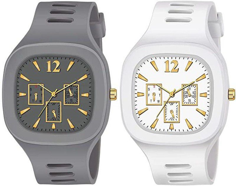 Full Grey & White Silicon Rubber Strap Stylish Party wear Combo Gift watches Analog Watch - For Boys pack of 2 grey & white