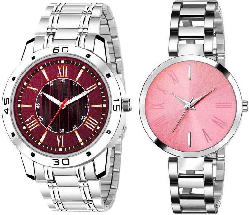 Analog Watch - For Girls NEW WATCH COMBO MAROON PINK DIAL METAL BELT ROUND ANALOGUE DIAL DESIGNER SILVER COLOR WRIST WATCH NEW ARRIVAL FAST SELLING TRACK DESIGNER MOST STYLISH PARTY FASHION MOST UNIQUE DESIGNER DIAL WRIST WATCH COMBO