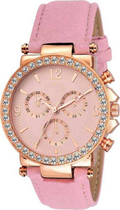 Stylish Dimond Leather Watch Analog Watch - For Women Latest chronograph Printed Pink Dial Stylish Pink Leather Watch for Girls Watches for Womens Pink Color Belt