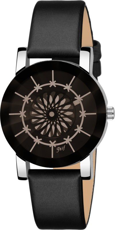 Analog Watch - For Girls New Black Color Diamond Crystal Glass Flower Dial Leather Strap Analog Watch